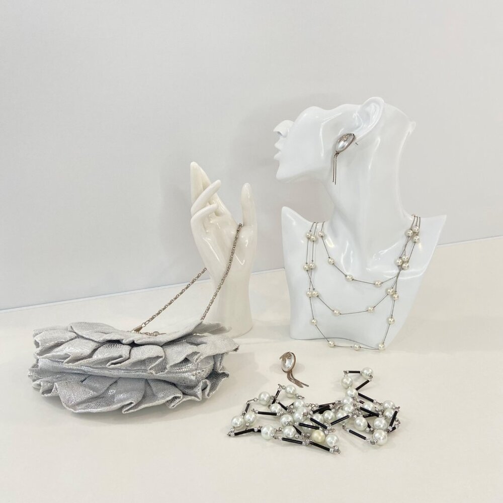 Vintage Silver Jewelry necklaces earings & Clutch Bundle With Pearls